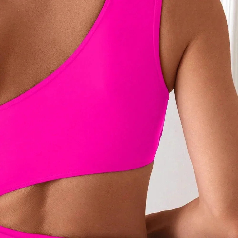 Hot Pink Women's Beach Asymmetric Collar Ruched Hollow Vacation One-Piece Bathin - Picture 6 of 6